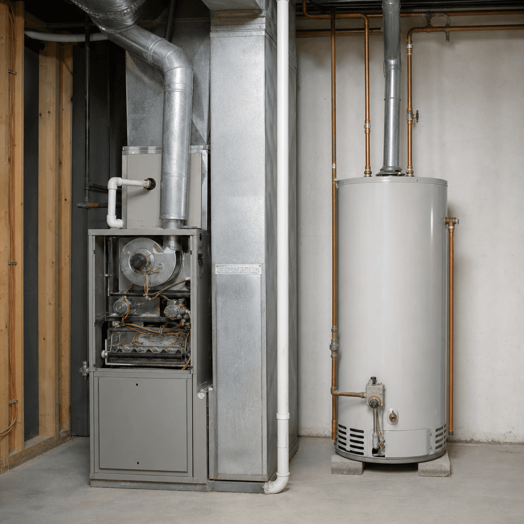 A residential water heater and furnace in a basement utility room
