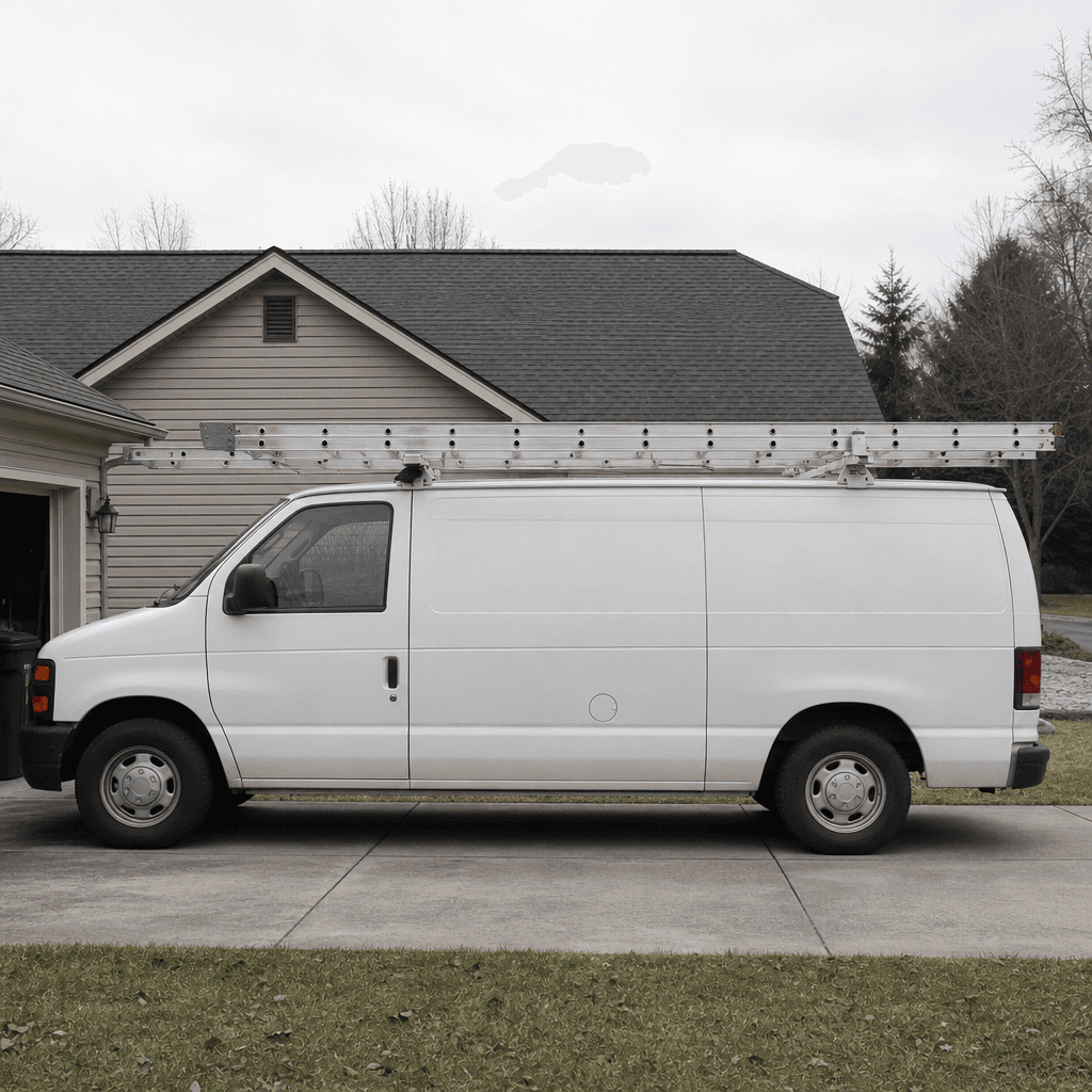A service van parked outside a house at dusk